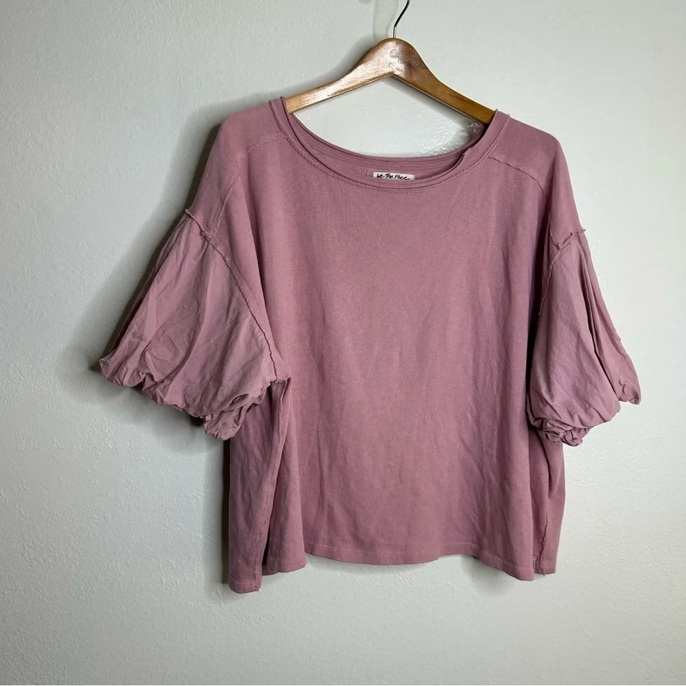 Free People 100% Cotton Pink Puff Sleeve Oversized T - Shirt Top